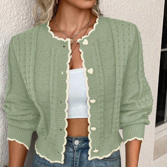 Green Casual Women's Long Sleeve Contrast Trim Cardigan - Picture 5 of 6